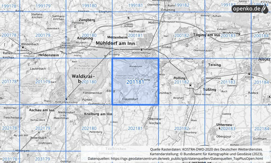 Übersichtskarte des KOSTRA-DWD-2020-Rasterfeldes Nr. 201181