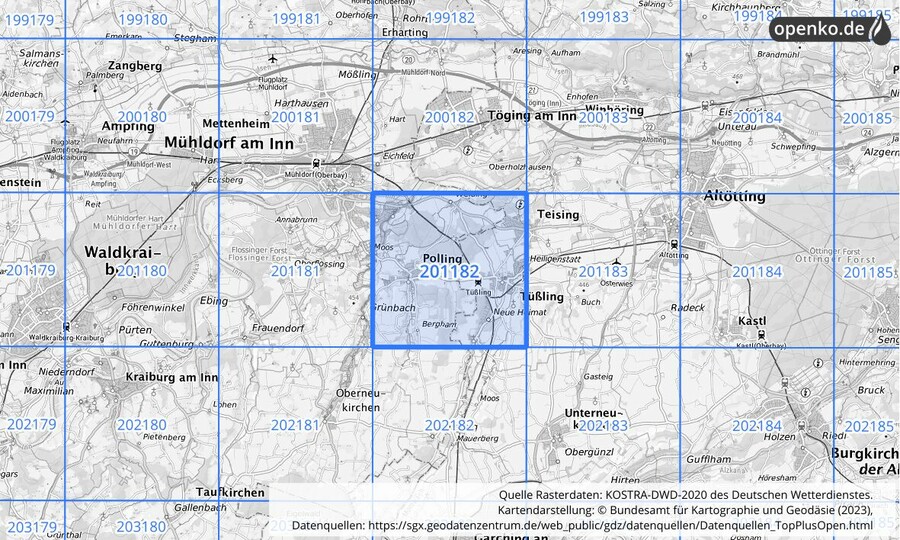 Übersichtskarte des KOSTRA-DWD-2020-Rasterfeldes Nr. 201182