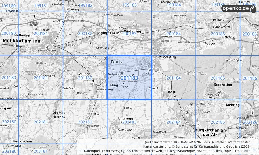 Übersichtskarte des KOSTRA-DWD-2020-Rasterfeldes Nr. 201183