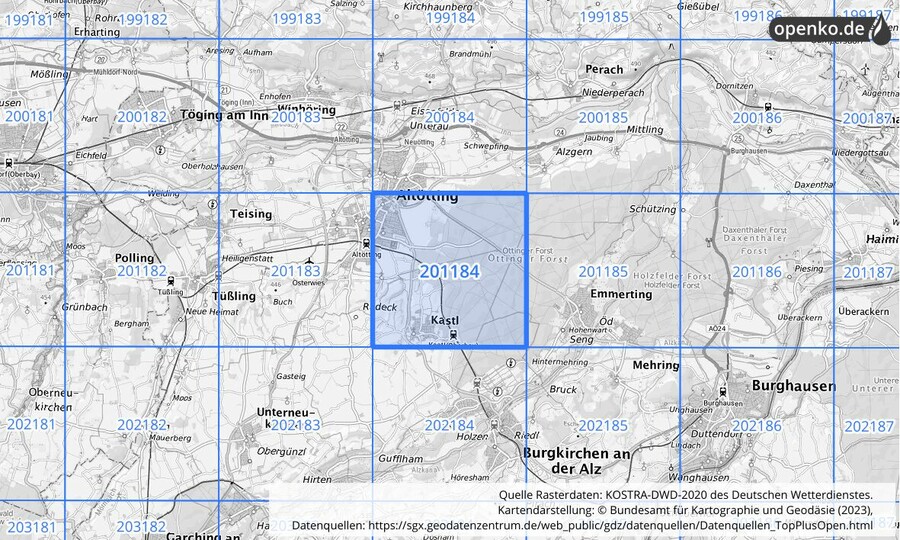 Übersichtskarte des KOSTRA-DWD-2020-Rasterfeldes Nr. 201184