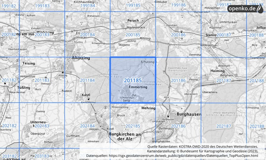 Übersichtskarte des KOSTRA-DWD-2020-Rasterfeldes Nr. 201185