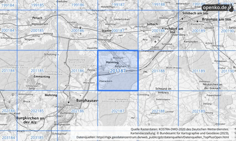 Übersichtskarte des KOSTRA-DWD-2020-Rasterfeldes Nr. 201187