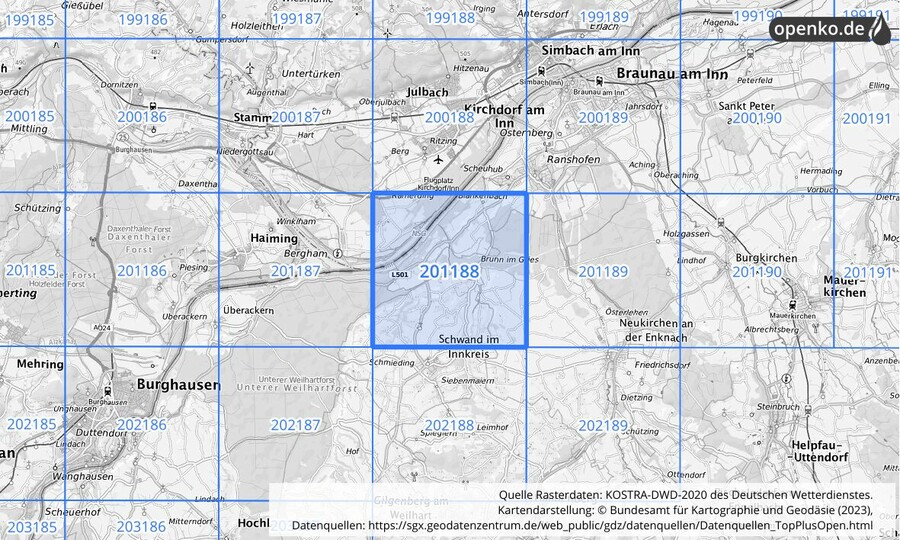 Übersichtskarte des KOSTRA-DWD-2020-Rasterfeldes Nr. 201188