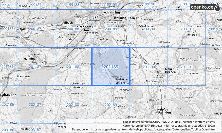 Übersichtskarte des KOSTRA-DWD-2020-Rasterfeldes Nr. 201189