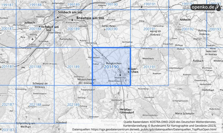 Übersichtskarte des KOSTRA-DWD-2020-Rasterfeldes Nr. 201190