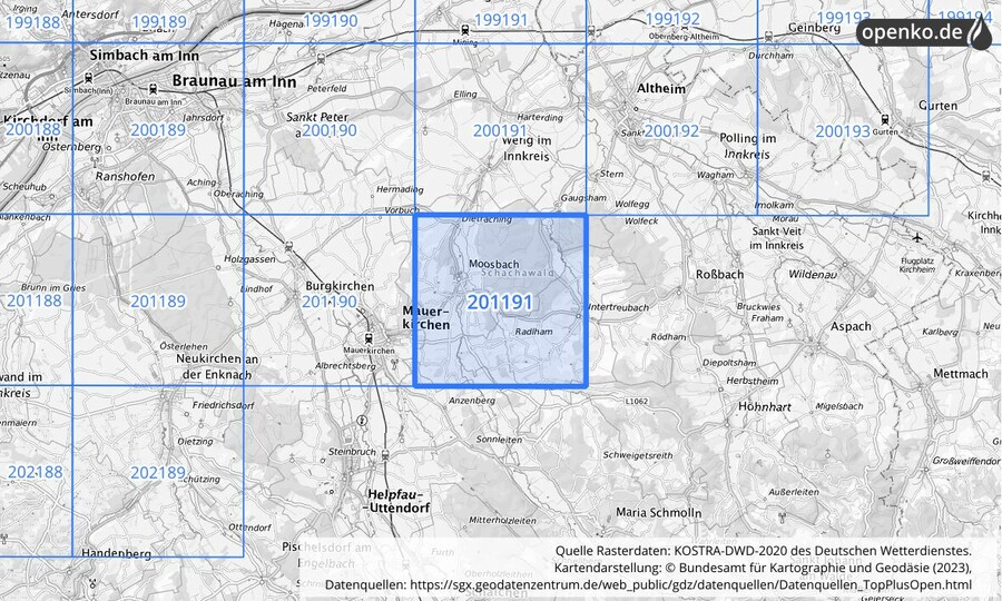 Übersichtskarte des KOSTRA-DWD-2020-Rasterfeldes Nr. 201191