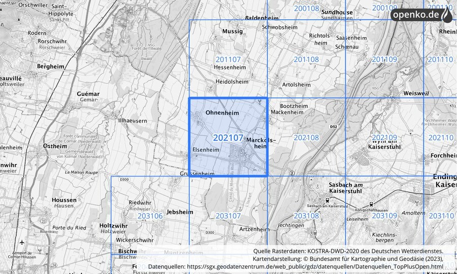 Übersichtskarte des KOSTRA-DWD-2020-Rasterfeldes Nr. 202107