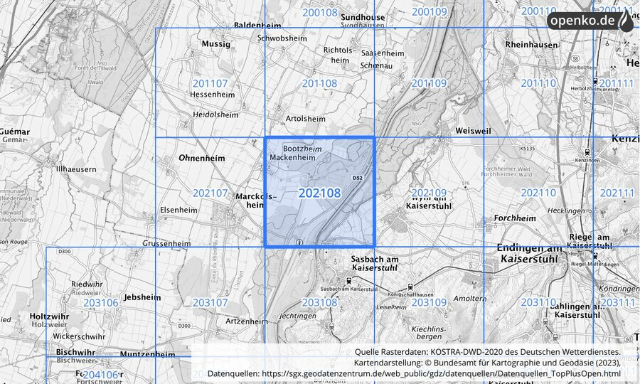 Übersichtskarte des KOSTRA-DWD-2020-Rasterfeldes Nr. 202108