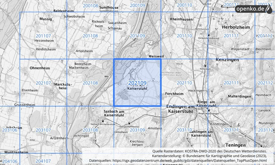 Übersichtskarte des KOSTRA-DWD-2020-Rasterfeldes Nr. 202109