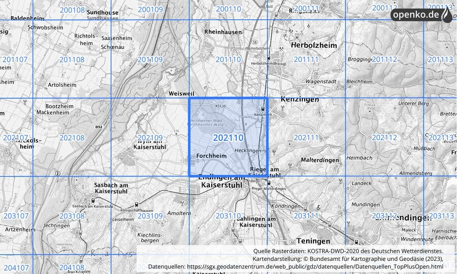 Übersichtskarte des KOSTRA-DWD-2020-Rasterfeldes Nr. 202110