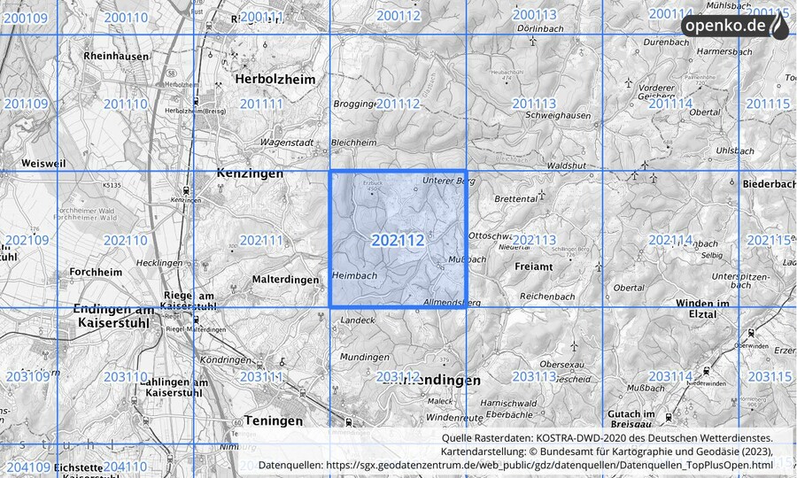 Übersichtskarte des KOSTRA-DWD-2020-Rasterfeldes Nr. 202112