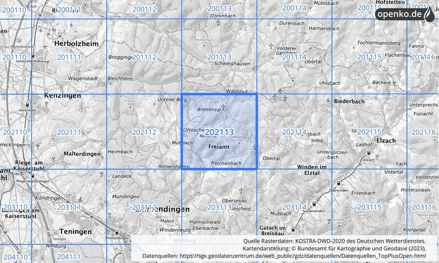 Übersichtskarte des KOSTRA-DWD-2020-Rasterfeldes Nr. 202113