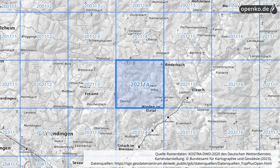 Übersichtskarte des KOSTRA-DWD-2020-Rasterfeldes Nr. 202114