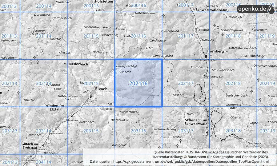 Übersichtskarte des KOSTRA-DWD-2020-Rasterfeldes Nr. 202116