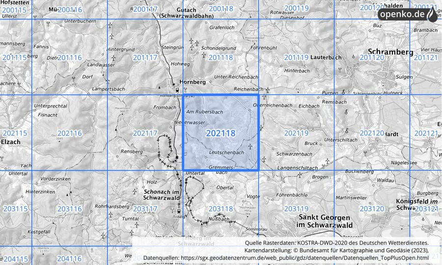 Übersichtskarte des KOSTRA-DWD-2020-Rasterfeldes Nr. 202118