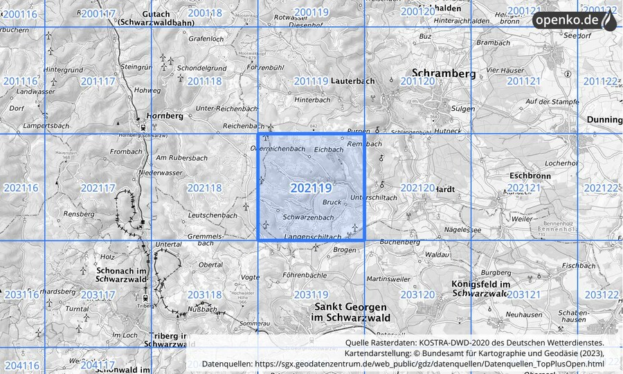 Übersichtskarte des KOSTRA-DWD-2020-Rasterfeldes Nr. 202119