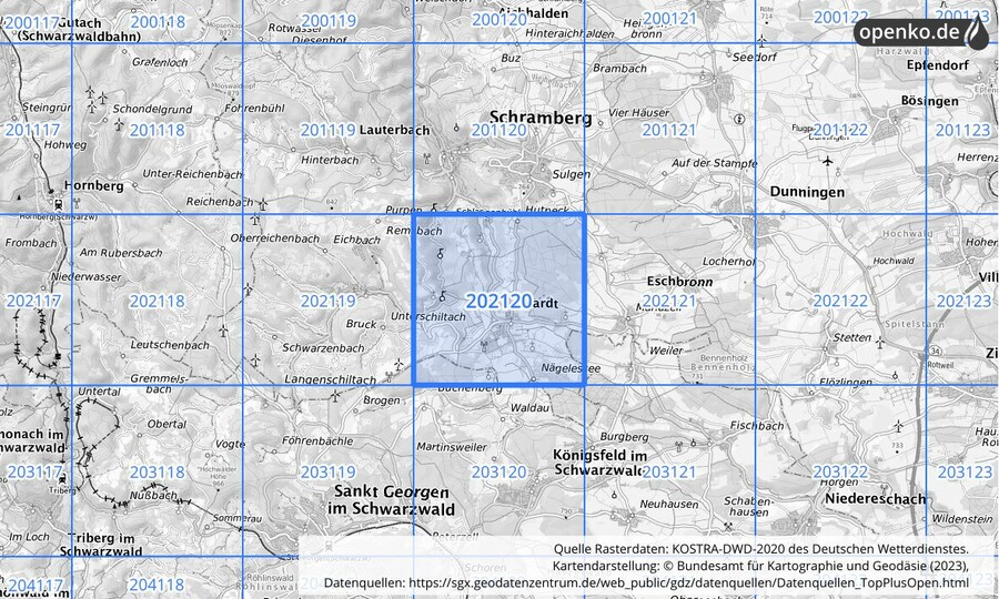 Übersichtskarte des KOSTRA-DWD-2020-Rasterfeldes Nr. 202120