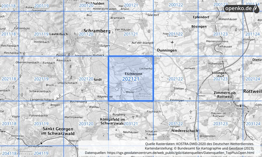 Übersichtskarte des KOSTRA-DWD-2020-Rasterfeldes Nr. 202121