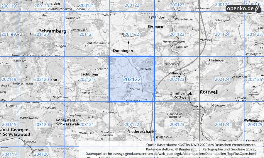 Übersichtskarte des KOSTRA-DWD-2020-Rasterfeldes Nr. 202122