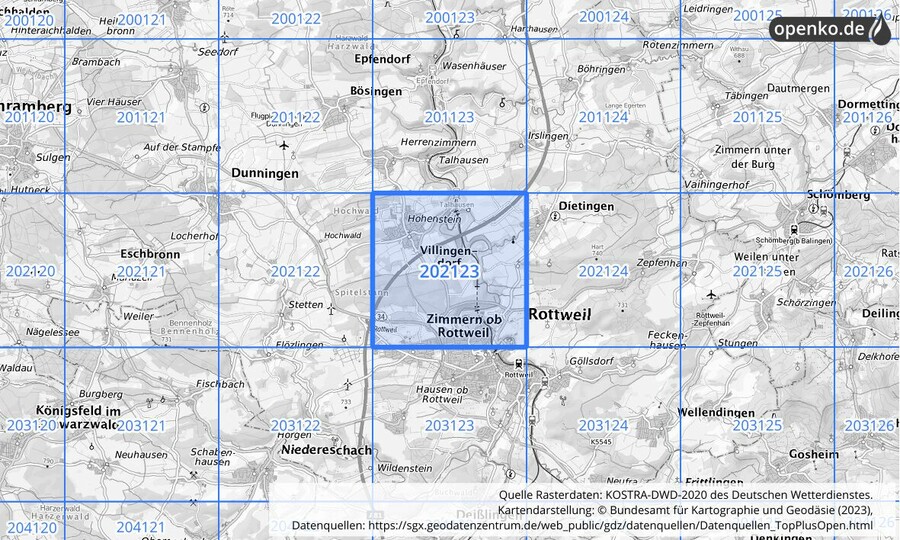 Übersichtskarte des KOSTRA-DWD-2020-Rasterfeldes Nr. 202123