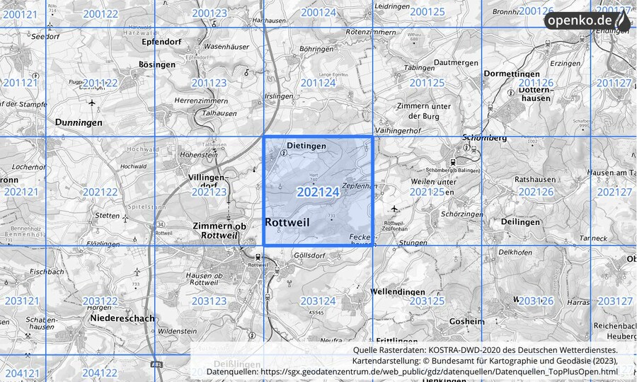 Übersichtskarte des KOSTRA-DWD-2020-Rasterfeldes Nr. 202124