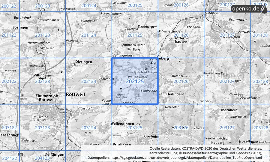 Übersichtskarte des KOSTRA-DWD-2020-Rasterfeldes Nr. 202125