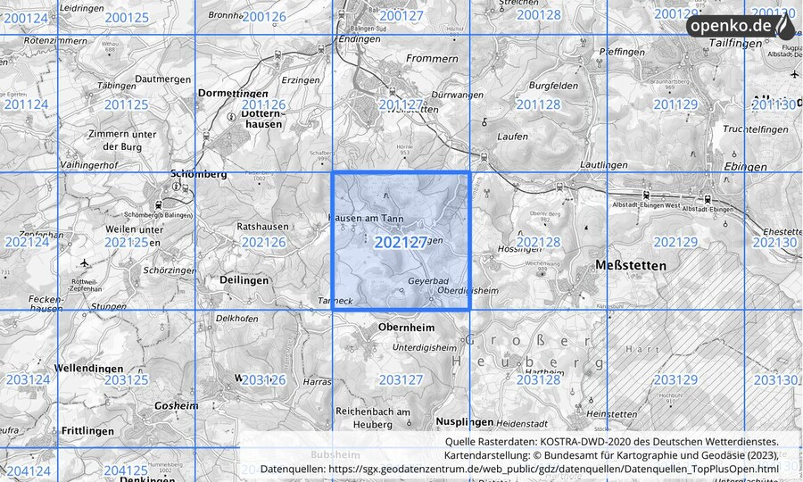 Übersichtskarte des KOSTRA-DWD-2020-Rasterfeldes Nr. 202127