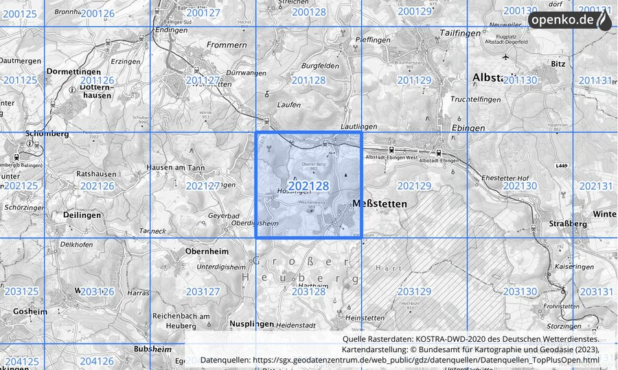 Übersichtskarte des KOSTRA-DWD-2020-Rasterfeldes Nr. 202128