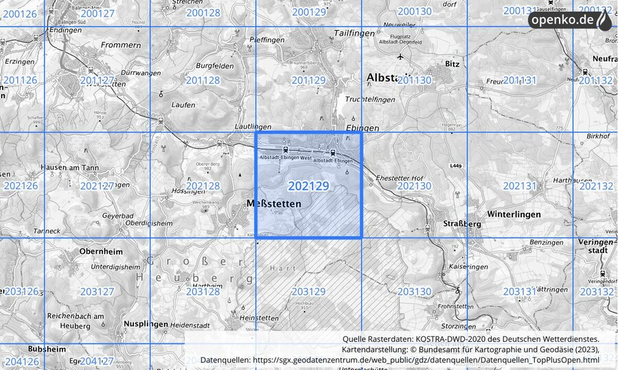 Übersichtskarte des KOSTRA-DWD-2020-Rasterfeldes Nr. 202129