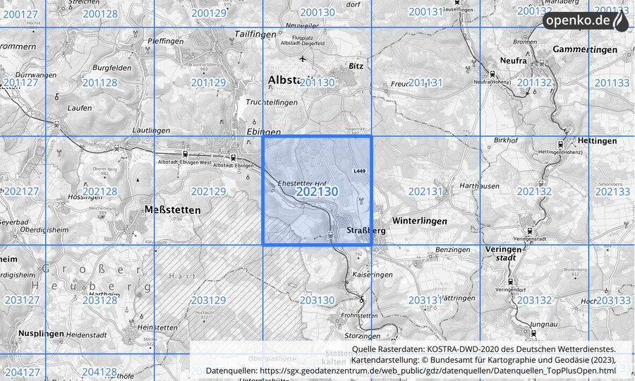 Übersichtskarte des KOSTRA-DWD-2020-Rasterfeldes Nr. 202130