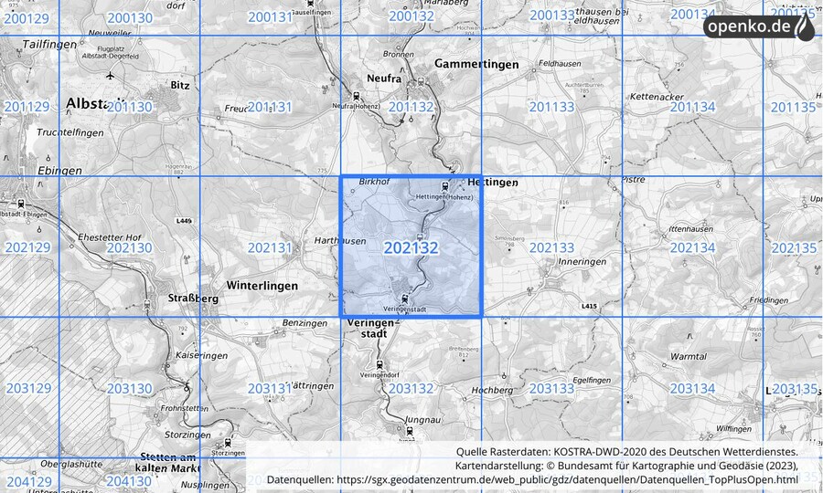 Übersichtskarte des KOSTRA-DWD-2020-Rasterfeldes Nr. 202132