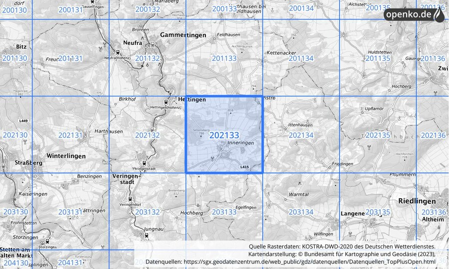 Übersichtskarte des KOSTRA-DWD-2020-Rasterfeldes Nr. 202133