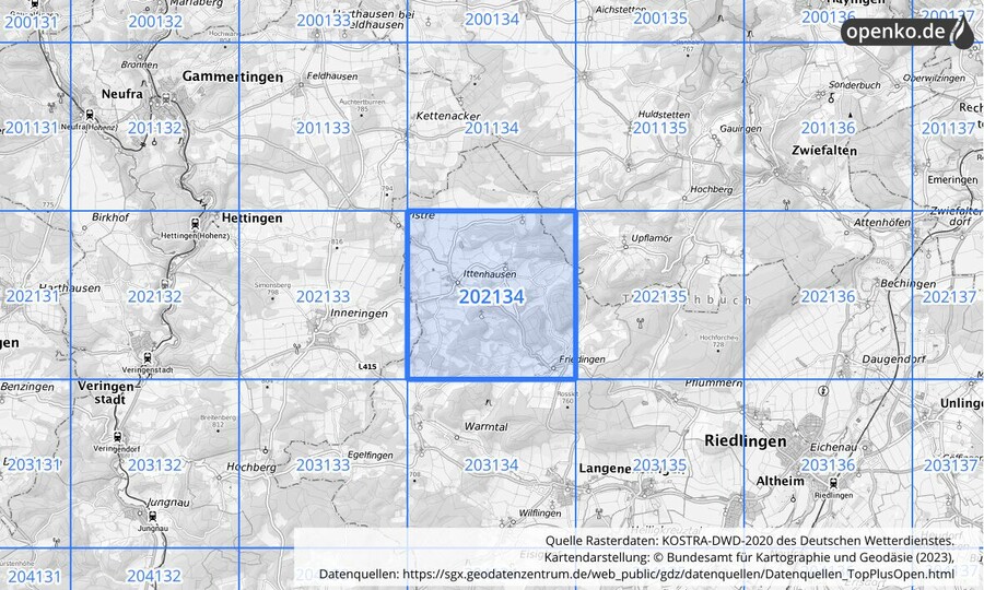 Übersichtskarte des KOSTRA-DWD-2020-Rasterfeldes Nr. 202134