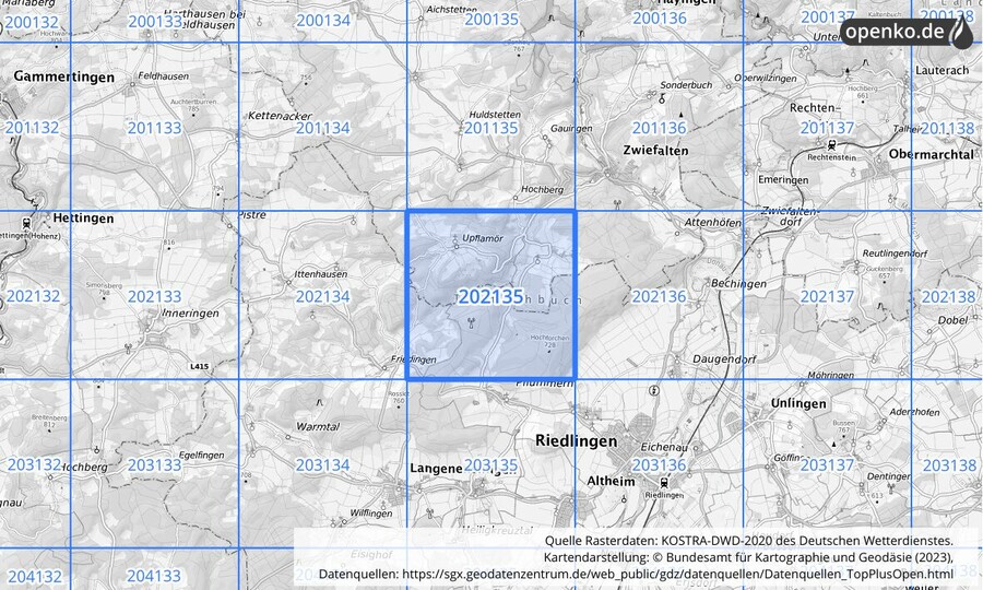 Übersichtskarte des KOSTRA-DWD-2020-Rasterfeldes Nr. 202135