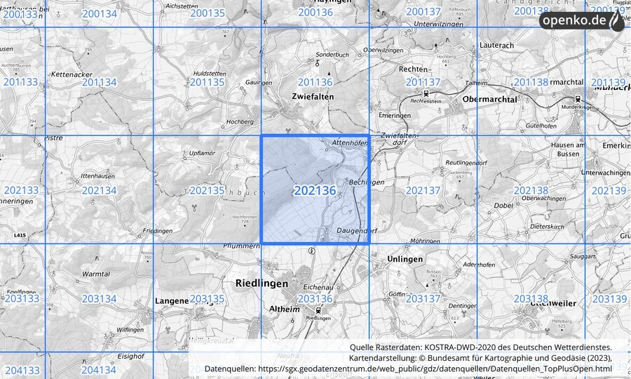 Übersichtskarte des KOSTRA-DWD-2020-Rasterfeldes Nr. 202136