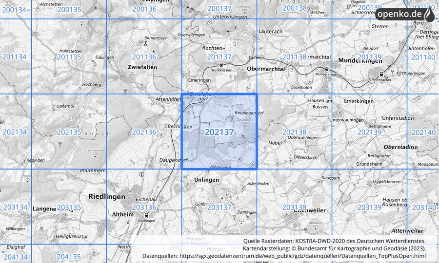 Übersichtskarte des KOSTRA-DWD-2020-Rasterfeldes Nr. 202137