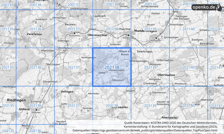 Übersichtskarte des KOSTRA-DWD-2020-Rasterfeldes Nr. 202138