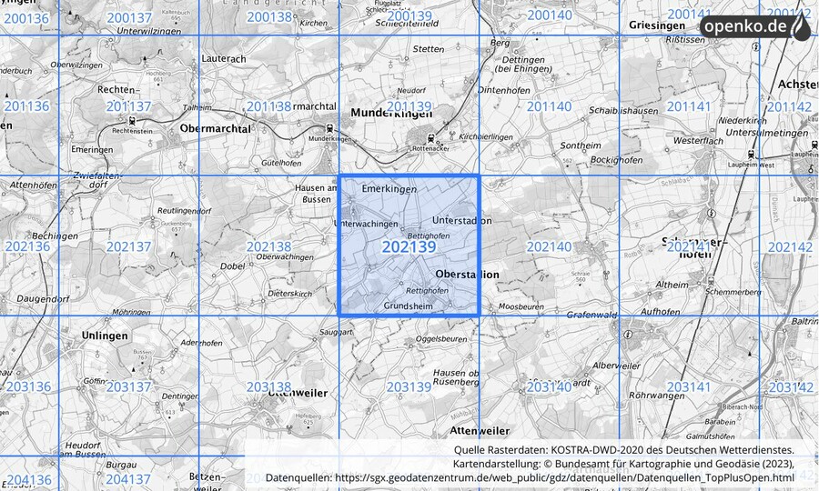 Übersichtskarte des KOSTRA-DWD-2020-Rasterfeldes Nr. 202139