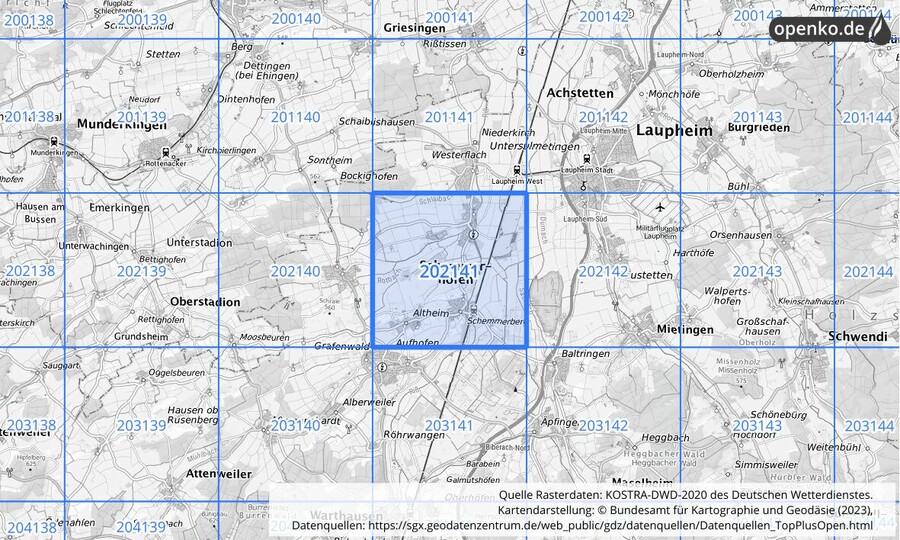 Übersichtskarte des KOSTRA-DWD-2020-Rasterfeldes Nr. 202141