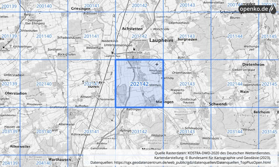 Übersichtskarte des KOSTRA-DWD-2020-Rasterfeldes Nr. 202142