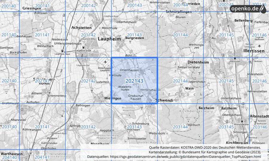 Übersichtskarte des KOSTRA-DWD-2020-Rasterfeldes Nr. 202143