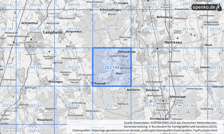 Übersichtskarte des KOSTRA-DWD-2020-Rasterfeldes Nr. 202144