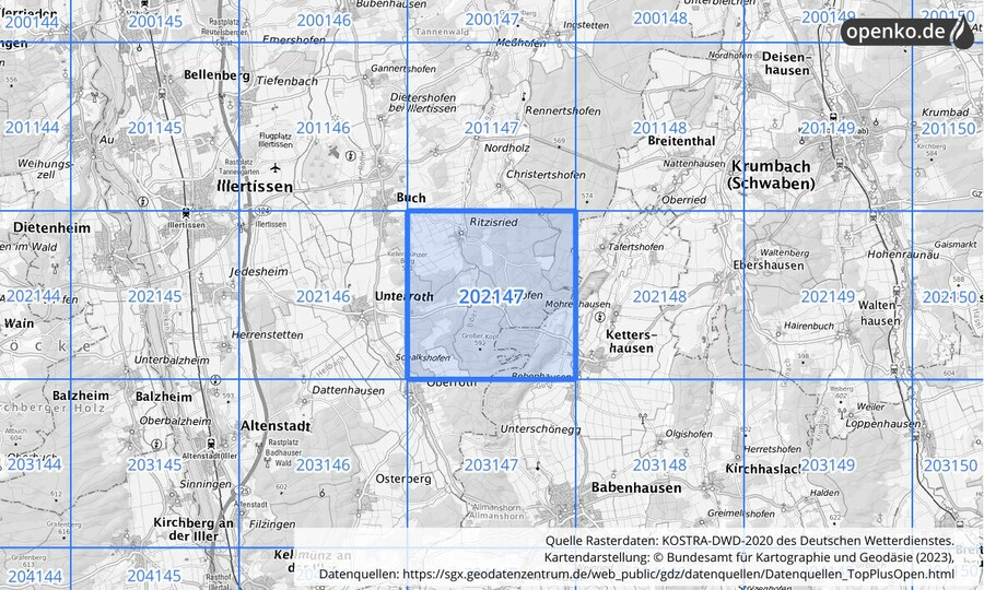 Übersichtskarte des KOSTRA-DWD-2020-Rasterfeldes Nr. 202147