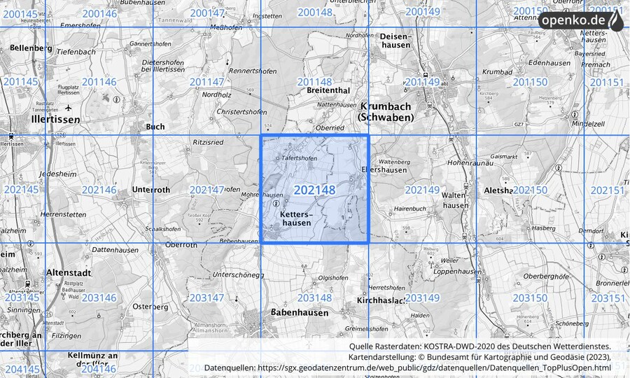 Übersichtskarte des KOSTRA-DWD-2020-Rasterfeldes Nr. 202148