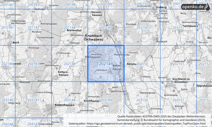 Übersichtskarte des KOSTRA-DWD-2020-Rasterfeldes Nr. 202149