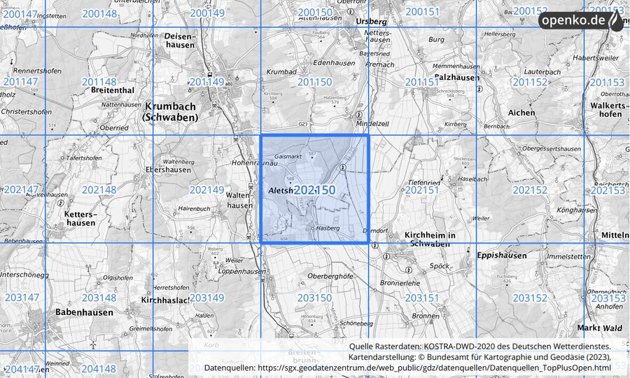 Übersichtskarte des KOSTRA-DWD-2020-Rasterfeldes Nr. 202150