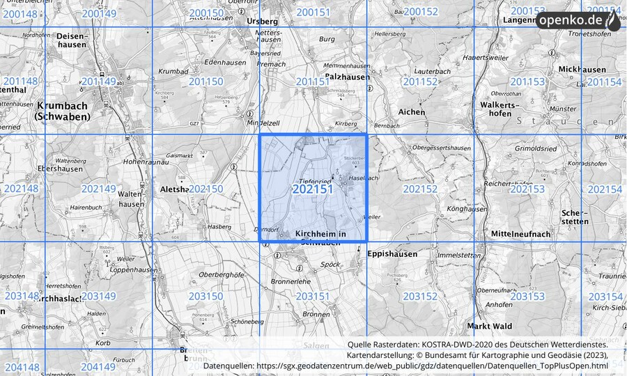 Übersichtskarte des KOSTRA-DWD-2020-Rasterfeldes Nr. 202151