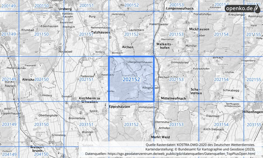 Übersichtskarte des KOSTRA-DWD-2020-Rasterfeldes Nr. 202152