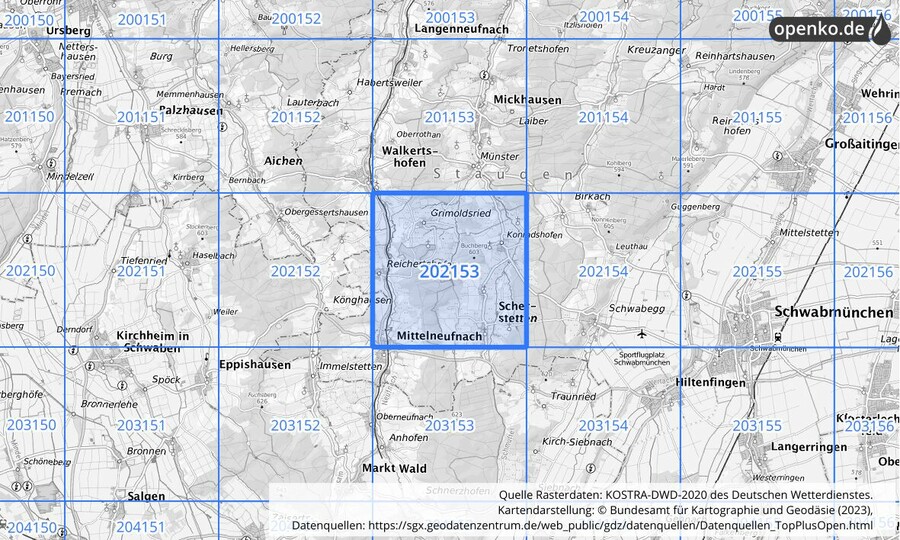 Übersichtskarte des KOSTRA-DWD-2020-Rasterfeldes Nr. 202153