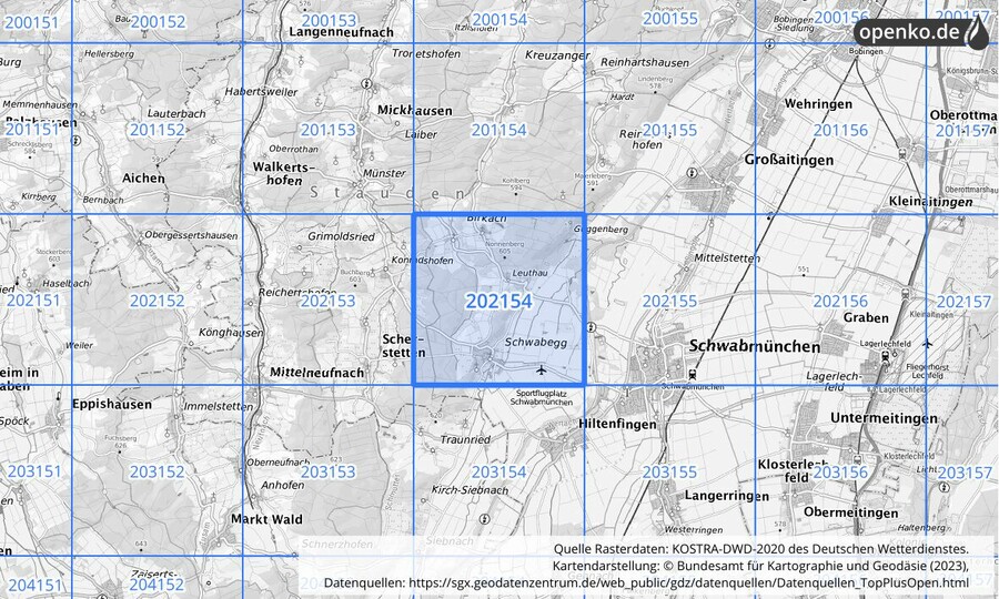 Übersichtskarte des KOSTRA-DWD-2020-Rasterfeldes Nr. 202154